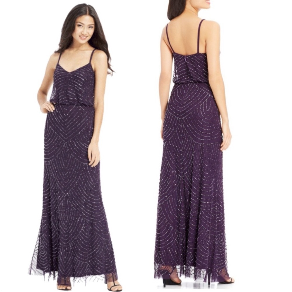 Adrianna Papell Amethyst Beaded Art Deco Blouson Dress gown